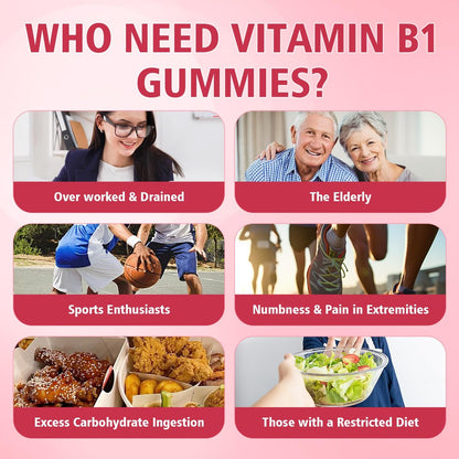 YUULAI Vitamin B1 Gummis 500mg für Erwachsene und Kinder – Thiamin mit Magnesium, zur Unterstützung des Nervensystems und für mehr Energie, Himbeergeschmack, 60 Stück