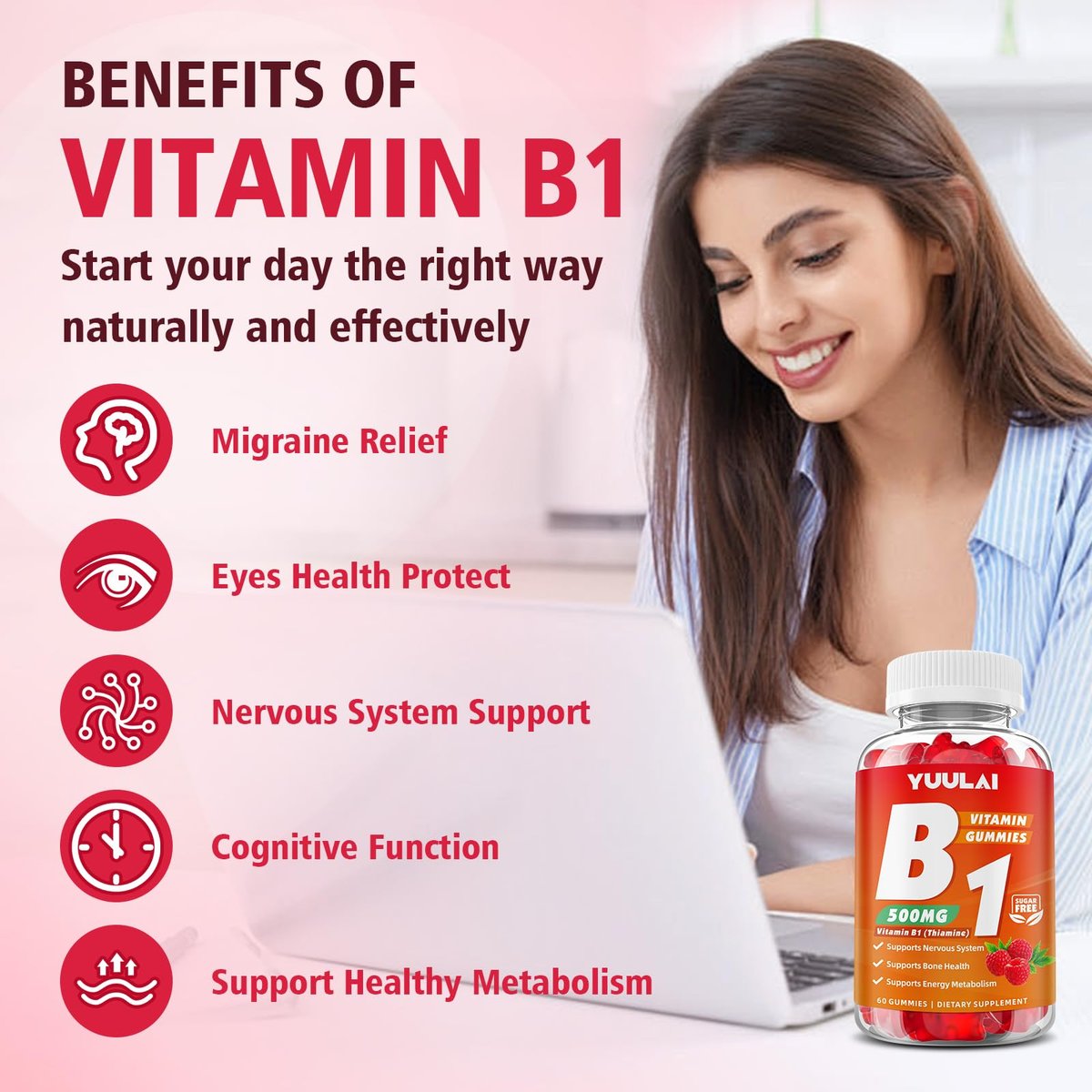 YUULAI Vitamin B1 Gummis 500mg für Erwachsene und Kinder – Thiamin mit Magnesium, zur Unterstützung des Nervensystems und für mehr Energie, Himbeergeschmack, 60 Stück