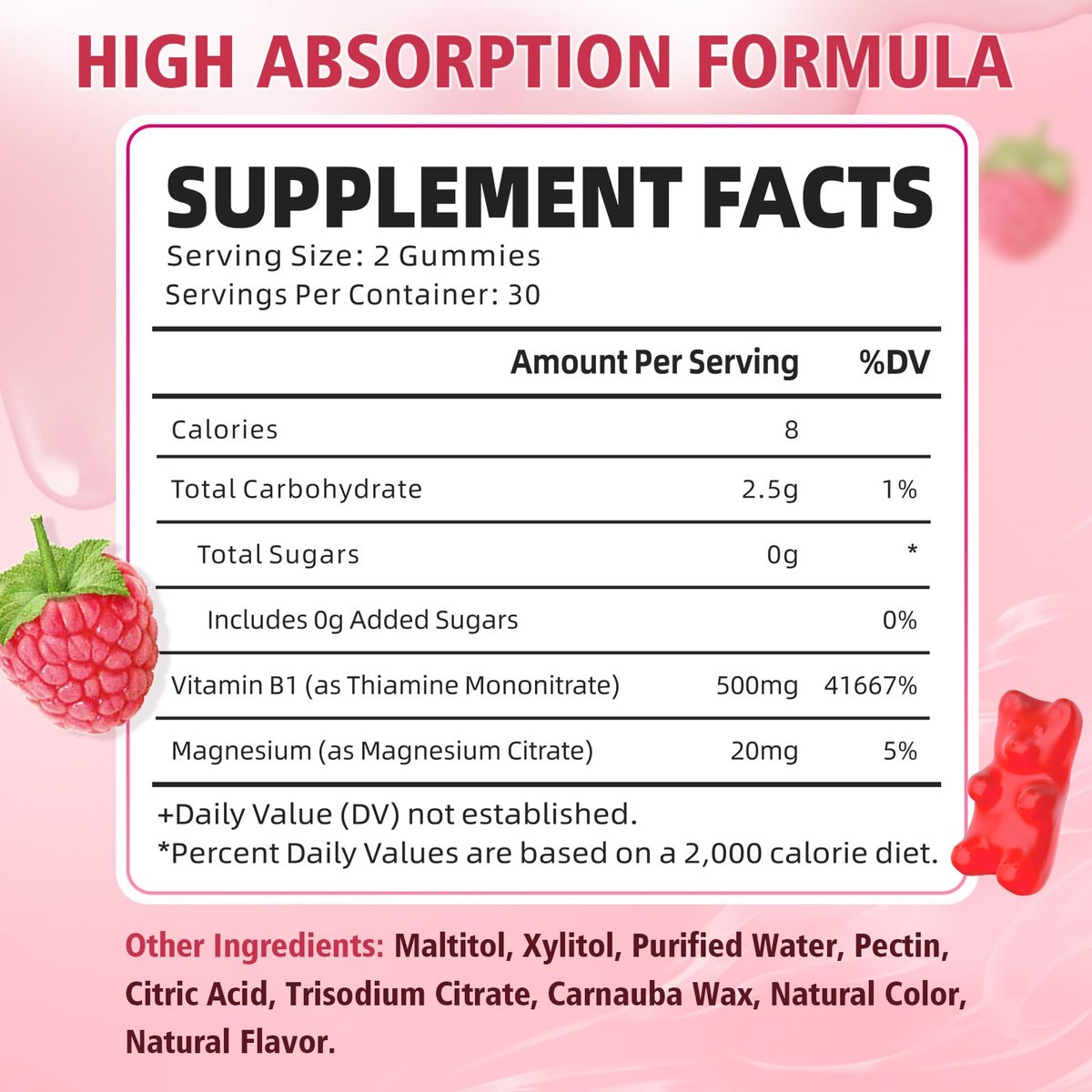 YUULAI Vitamin B1 Gummis 500mg für Erwachsene und Kinder – Thiamin mit Magnesium, zur Unterstützung des Nervensystems und für mehr Energie, Himbeergeschmack, 60 Stück