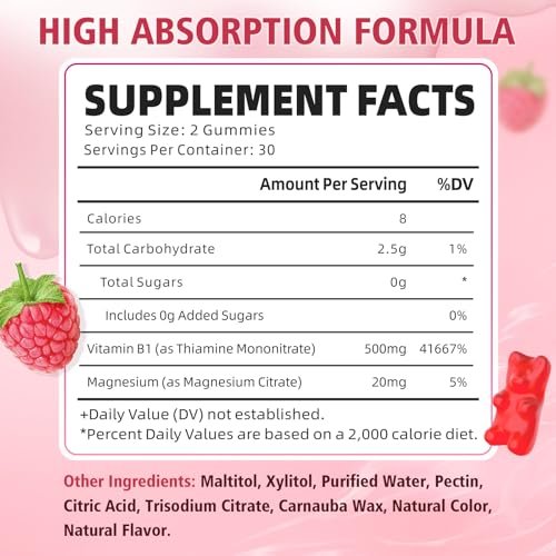 YUULAI Vitamin B1 Gummis 500mg für Erwachsene und Kinder – Thiamin mit Magnesium, zur Unterstützung des Nervensystems und für mehr Energie, Himbeergeschmack, 60 Stück