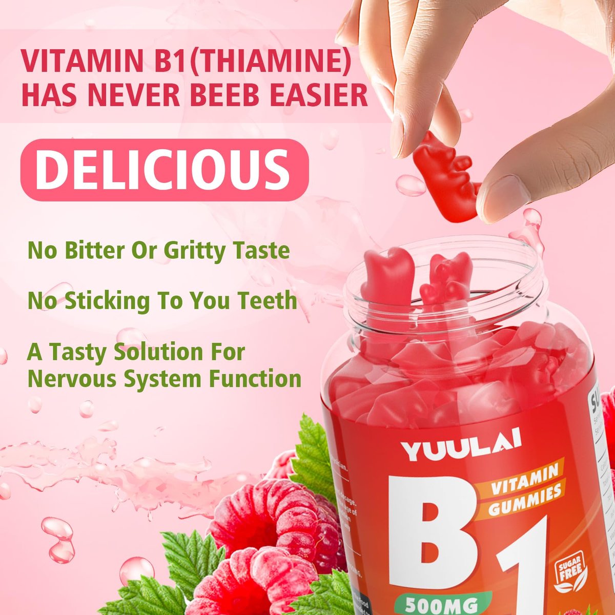 YUULAI Vitamin B1 Gummis 500mg für Erwachsene und Kinder – Thiamin mit Magnesium, zur Unterstützung des Nervensystems und für mehr Energie, Himbeergeschmack, 60 Stück