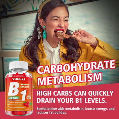 YUULAI Vitamin B1 Gummis 500mg für Erwachsene und Kinder – Thiamin mit Magnesium, zur Unterstützung des Nervensystems und für mehr Energie, Himbeergeschmack, 60 Stück
