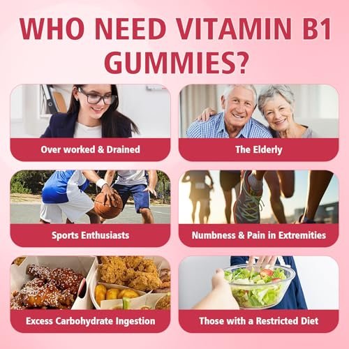 YUULAI Vitamin B1 Gummis 500mg für Erwachsene und Kinder – Thiamin mit Magnesium, zur Unterstützung des Nervensystems und für mehr Energie, Himbeergeschmack, 60 Stück