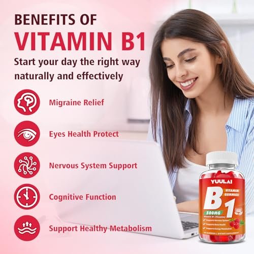 YUULAI Vitamin B1 Gummis 500mg für Erwachsene und Kinder – Thiamin mit Magnesium, zur Unterstützung des Nervensystems und für mehr Energie, Himbeergeschmack, 60 Stück