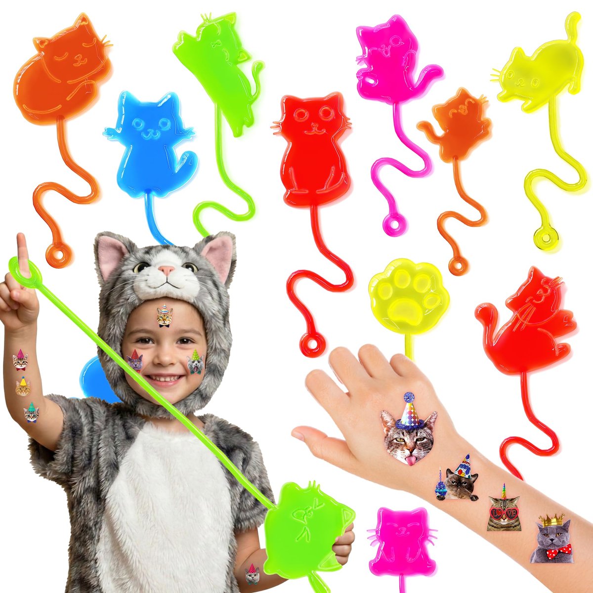 48-teiliges Katzen-Party-Set: 24 temporäre Tattoos & 24 Klebehände – Perfekt für Geburtstagspartys, Goodie Bags, Schatzboxen, Klassenzimmerpreise und Geschenke für Schüler