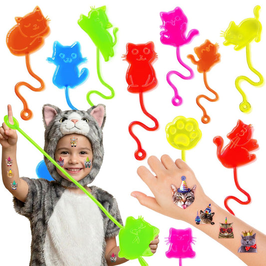 48-teiliges Katzen-Party-Set: 24 temporäre Tattoos & 24 Klebehände – Perfekt für Geburtstagspartys, Goodie Bags, Schatzboxen, Klassenzimmerpreise und Geschenke für Schüler