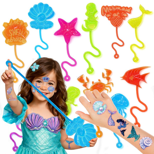 48-teiliges Meerjungfrau-Party-Set: 24 temporäre Tattoos & 24 Klebehände – Perfekte Geburtstagsparty-Zubehör, Goodie-Bag-Füller, Schatzbox-Spielzeug, Klassenpreise und Geschenke für Schüler
