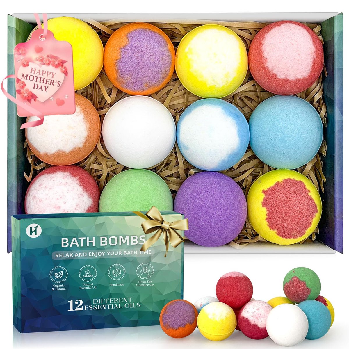 Badebomben Geburtstagsgeschenke für Frauen & Männer Set, 12er Pack Handgemachte Natürliche Bio Badebomben mit Sheabutter, Geschenkkorb für Muttertag Geschenke für Mama, Spa Entspannung Selbstpflege, Lehrer Wertschätzung Geschenke