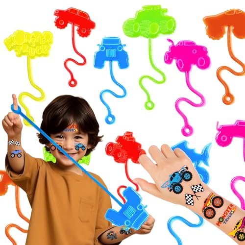 48-teiliges Monster Truck Party-Set: 24 temporäre Tattoos & 24 Sticky Hands – Perfekte Geburtstagsparty-Goodie-Bag-Füller, Schatzbox-Spielzeug, Klassenzimmerpreise & Schülergeschenke