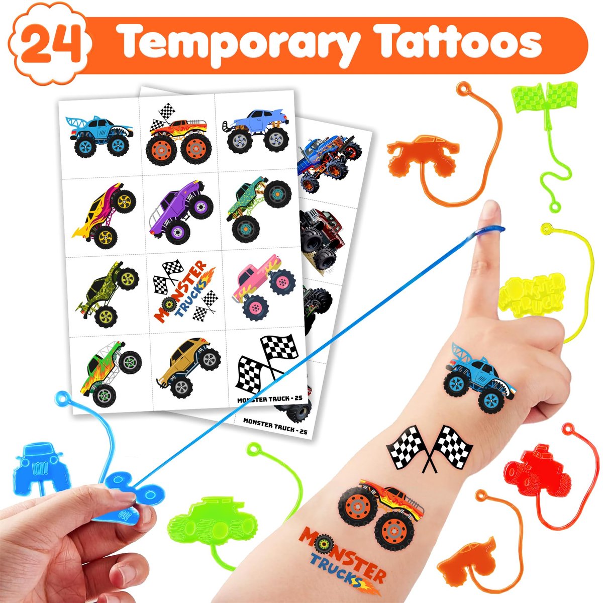 48-teiliges Monster Truck Party-Set: 24 temporäre Tattoos & 24 Sticky Hands – Perfekte Geburtstagsparty-Goodie-Bag-Füller, Schatzbox-Spielzeug, Klassenzimmerpreise & Schülergeschenke