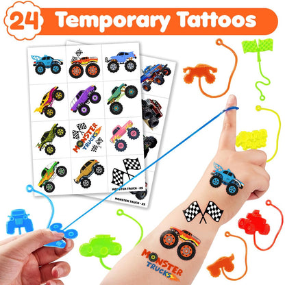 48-teiliges Monster Truck Party-Set: 24 temporäre Tattoos & 24 Sticky Hands – Perfekte Geburtstagsparty-Goodie-Bag-Füller, Schatzbox-Spielzeug, Klassenzimmerpreise & Schülergeschenke