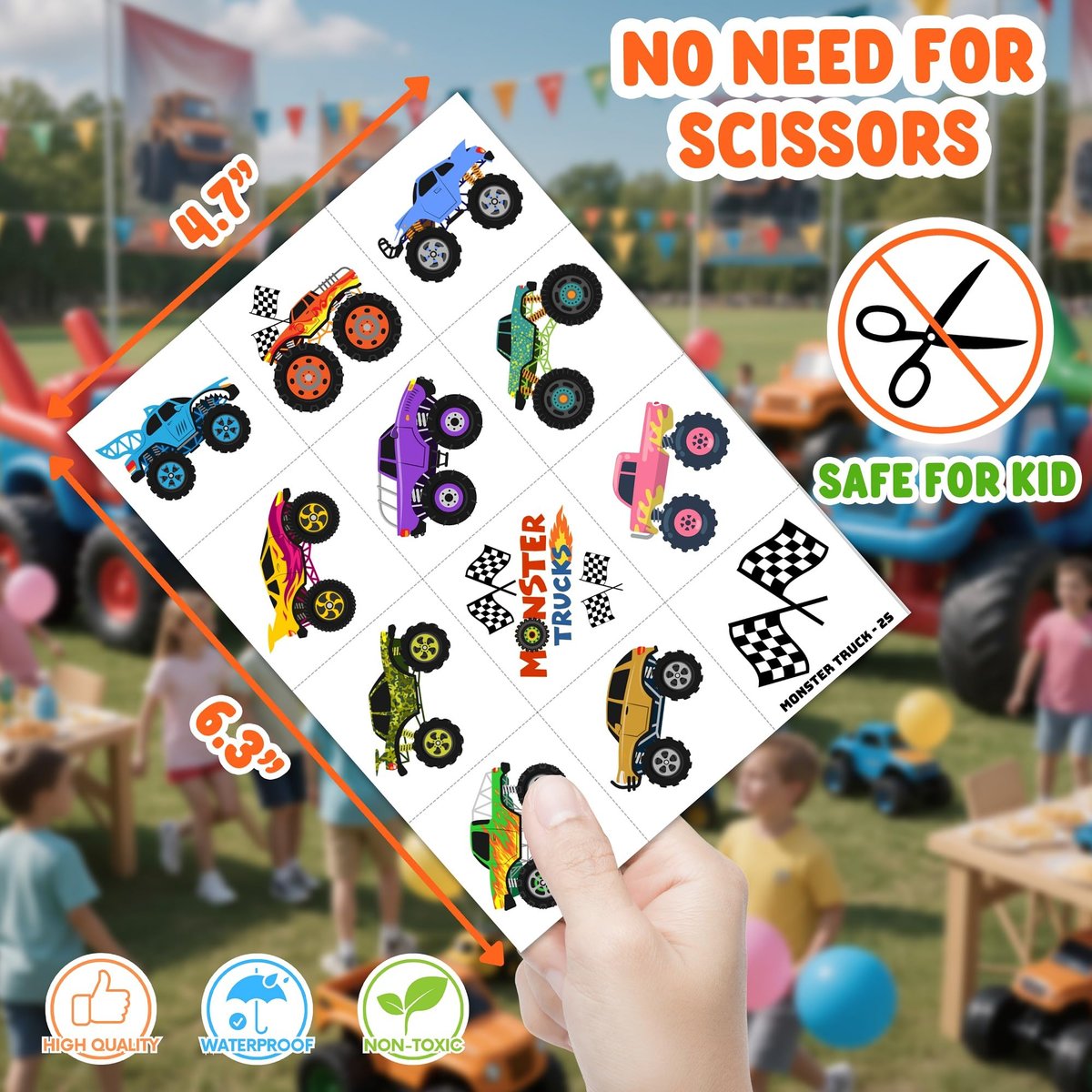 48-teiliges Monster Truck Party-Set: 24 temporäre Tattoos & 24 Sticky Hands – Perfekte Geburtstagsparty-Goodie-Bag-Füller, Schatzbox-Spielzeug, Klassenzimmerpreise & Schülergeschenke