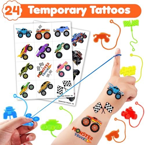 48-teiliges Monster Truck Party-Set: 24 temporäre Tattoos & 24 Sticky Hands – Perfekte Geburtstagsparty-Goodie-Bag-Füller, Schatzbox-Spielzeug, Klassenzimmerpreise & Schülergeschenke