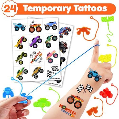 48-teiliges Monster Truck Party-Set: 24 temporäre Tattoos & 24 Sticky Hands – Perfekte Geburtstagsparty-Goodie-Bag-Füller, Schatzbox-Spielzeug, Klassenzimmerpreise & Schülergeschenke