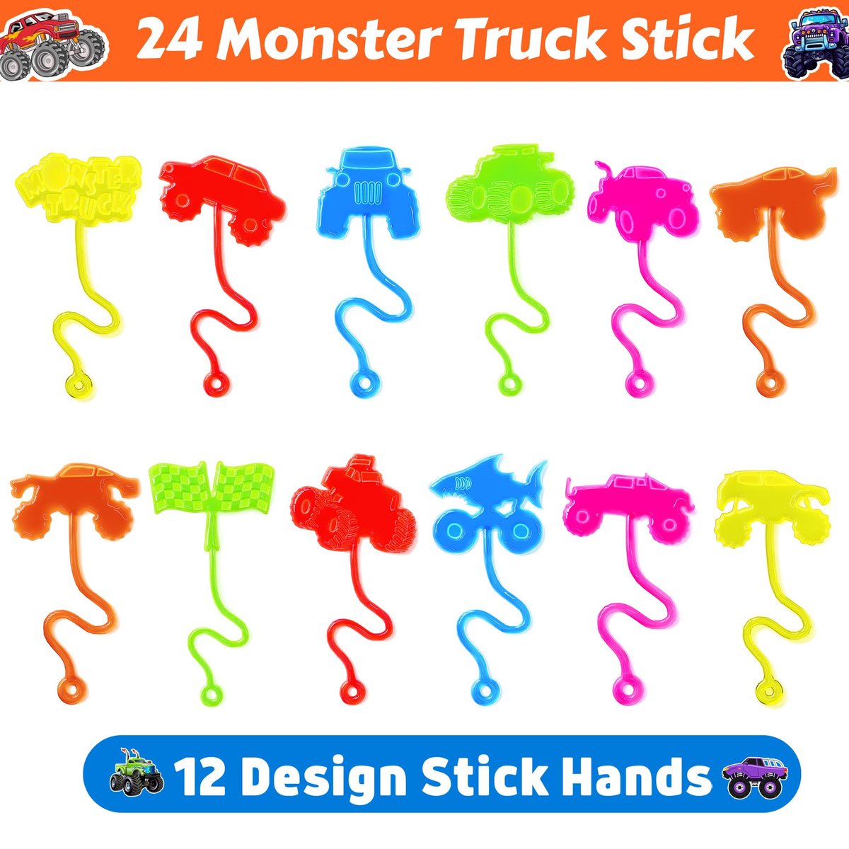 48-teiliges Monster Truck Party-Set: 24 temporäre Tattoos & 24 Sticky Hands – Perfekte Geburtstagsparty-Goodie-Bag-Füller, Schatzbox-Spielzeug, Klassenzimmerpreise & Schülergeschenke