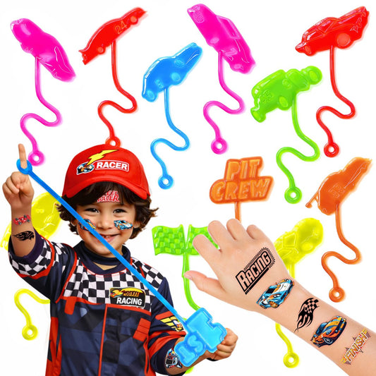 48 Stück Rennwagen Partygeschenke – 24 temporäre Tattoos & 24 Klebehände – perfekte Geburtstagsparty-Zubehör, Goodie Bag Füller, Schatzkisten-Spielzeug, Klassenzimmerpreise und Schülergeschenke