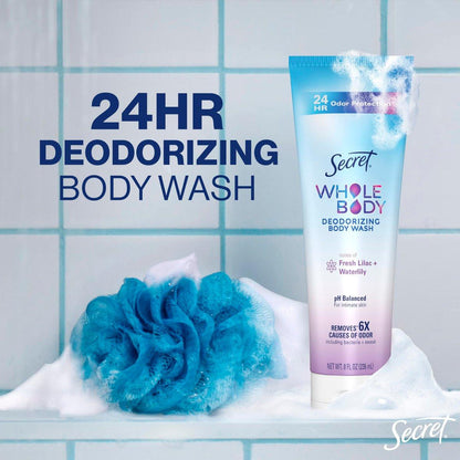 Secret Feminine Intimwaschgel, 24h Deodorierende Duschcreme für Frauen, Beseitigt 6 Ursachen von Geruch, pH-hautneutral, Überall anwendbar, Lilie & Wasserlilie Duft, 240 ml