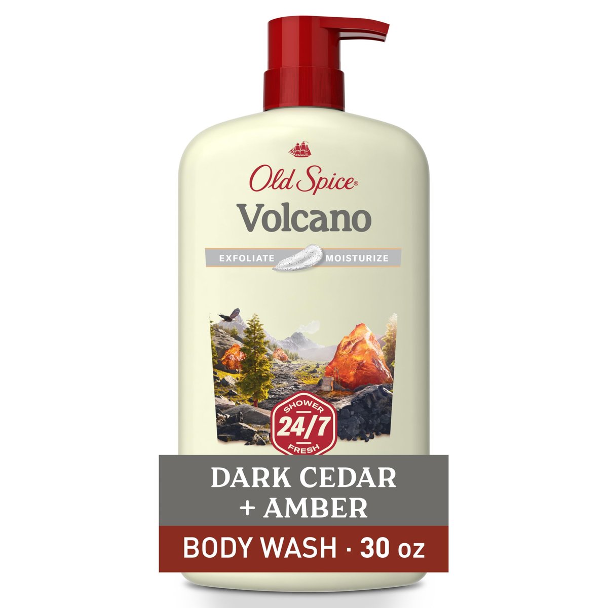 Old Spice Reinigendes Duschgel für Männer, 24/7 Frische mit langanhaltendem Duft, Peeling & Feuchtigkeit, Sanft zur Haut, Vitamin B3, Vulkan mit Dark Cedar + Amber Duft, 887 ml