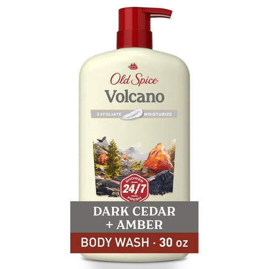 Old Spice Reinigendes Duschgel für Männer, 24/7 Frische mit langanhaltendem Duft, Peeling & Feuchtigkeit, Sanft zur Haut, Vitamin B3, Vulkan mit Dark Cedar + Amber Duft, 887 ml
