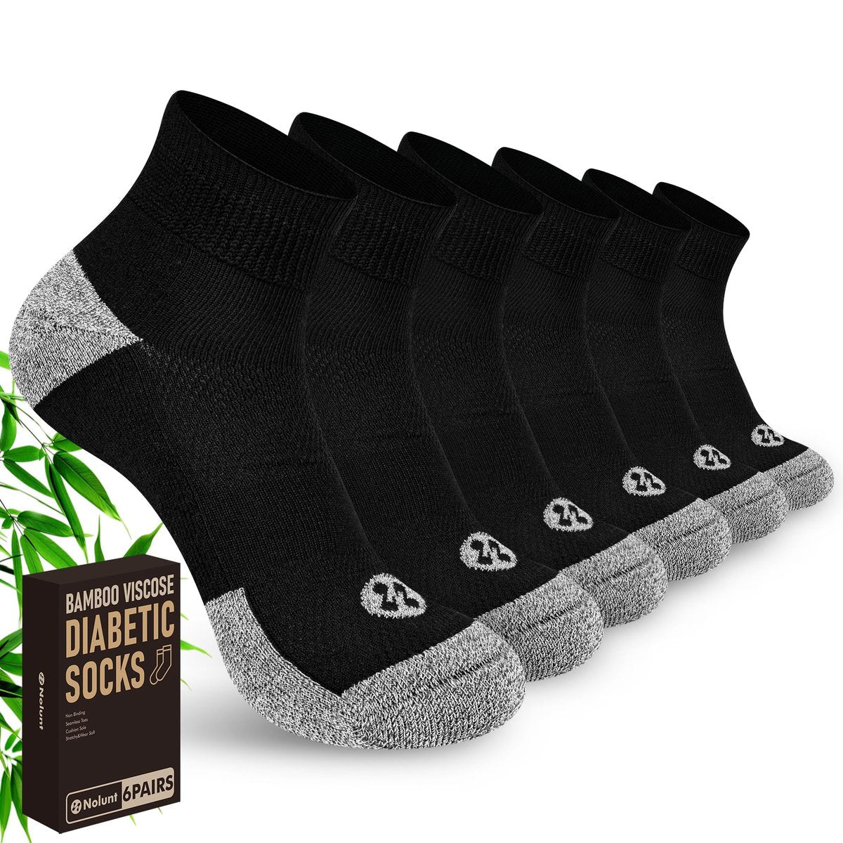 Nonlut Diabetik Socken für Herren, 6 Paar Knöchel Socken bei Neuropathie, Herren 9-12 10-13 (Schwarz, Large)