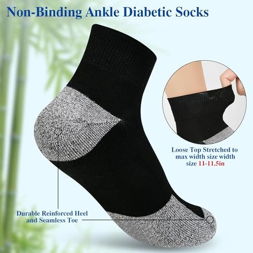 Nonlut Diabetik Socken für Herren, 6 Paar Knöchel Socken bei Neuropathie, Herren 9-12 10-13 (Schwarz, Large)