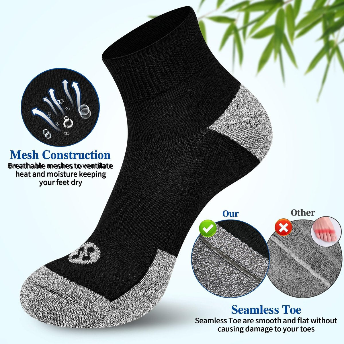 Nonlut Diabetik Socken für Herren, 6 Paar Knöchel Socken bei Neuropathie, Herren 9-12 10-13 (Schwarz, Large)