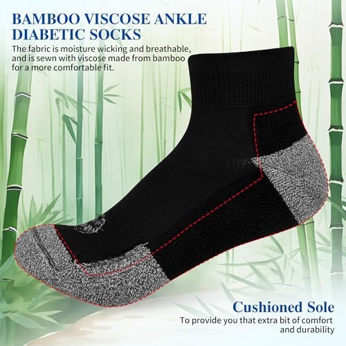 Nonlut Diabetik Socken für Herren, 6 Paar Knöchel Socken bei Neuropathie, Herren 9-12 10-13 (Schwarz, Large)