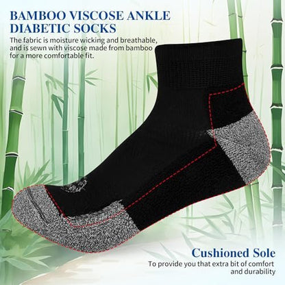 Nonlut Diabetik Socken für Herren, 6 Paar Knöchel Socken bei Neuropathie, Herren 9-12 10-13 (Schwarz, Large)