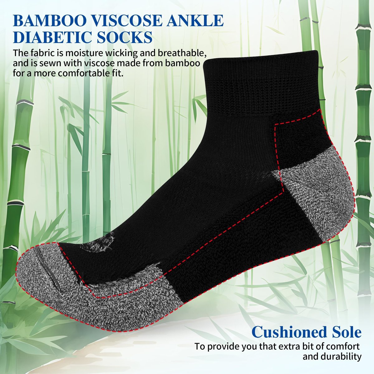 Nonlut Diabetik Socken für Herren, 6 Paar Knöchel Socken bei Neuropathie, Herren 9-12 10-13 (Schwarz, Large)