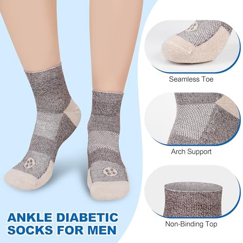 NOLUNT Diabetikersocken für Herren, 4 Paar Knöchel-Diabetiker-Neuropathie-Socken für Herren 9-12 10-13 (Dunkelblau+Weiß+Coffee+Schwarz-Large)
