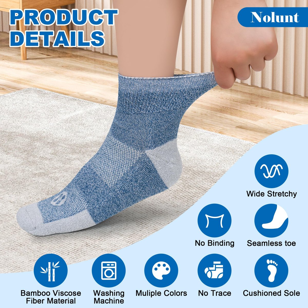 NOLUNT Diabetikersocken für Herren, 4 Paar Knöchel-Diabetiker-Neuropathie-Socken für Herren 9-12 10-13 (Dunkelblau+Weiß+Coffee+Schwarz-Large)