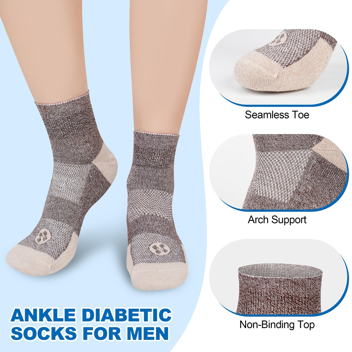 NOLUNT Diabetikersocken für Herren, 4 Paar Knöchel-Diabetiker-Neuropathie-Socken für Herren 9-12 10-13 (Dunkelblau+Weiß+Coffee+Schwarz-Large)