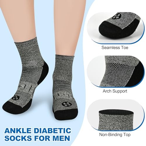 NOLUNT Diabetikersocken für Herren, 4 Paar, nicht einschnürend, Knöchelsocken, Größe 9-12/10-13 (Weiß+Grau+Gelblich-Cyan+Schwarz, groß)