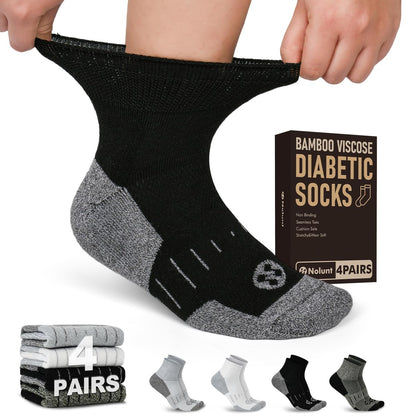 NOLUNT Diabetikersocken für Herren, 4 Paar, nicht einschnürend, Knöchelsocken, Größe 9-12/10-13 (Weiß+Grau+Gelblich-Cyan+Schwarz, groß)