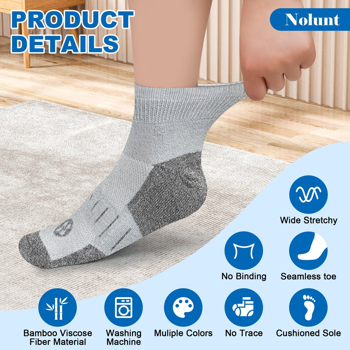 NOLUNT Diabetikersocken für Herren, 4 Paar, nicht einschnürend, Knöchelsocken, Größe 9-12/10-13 (Weiß+Grau+Gelblich-Cyan+Schwarz, groß)