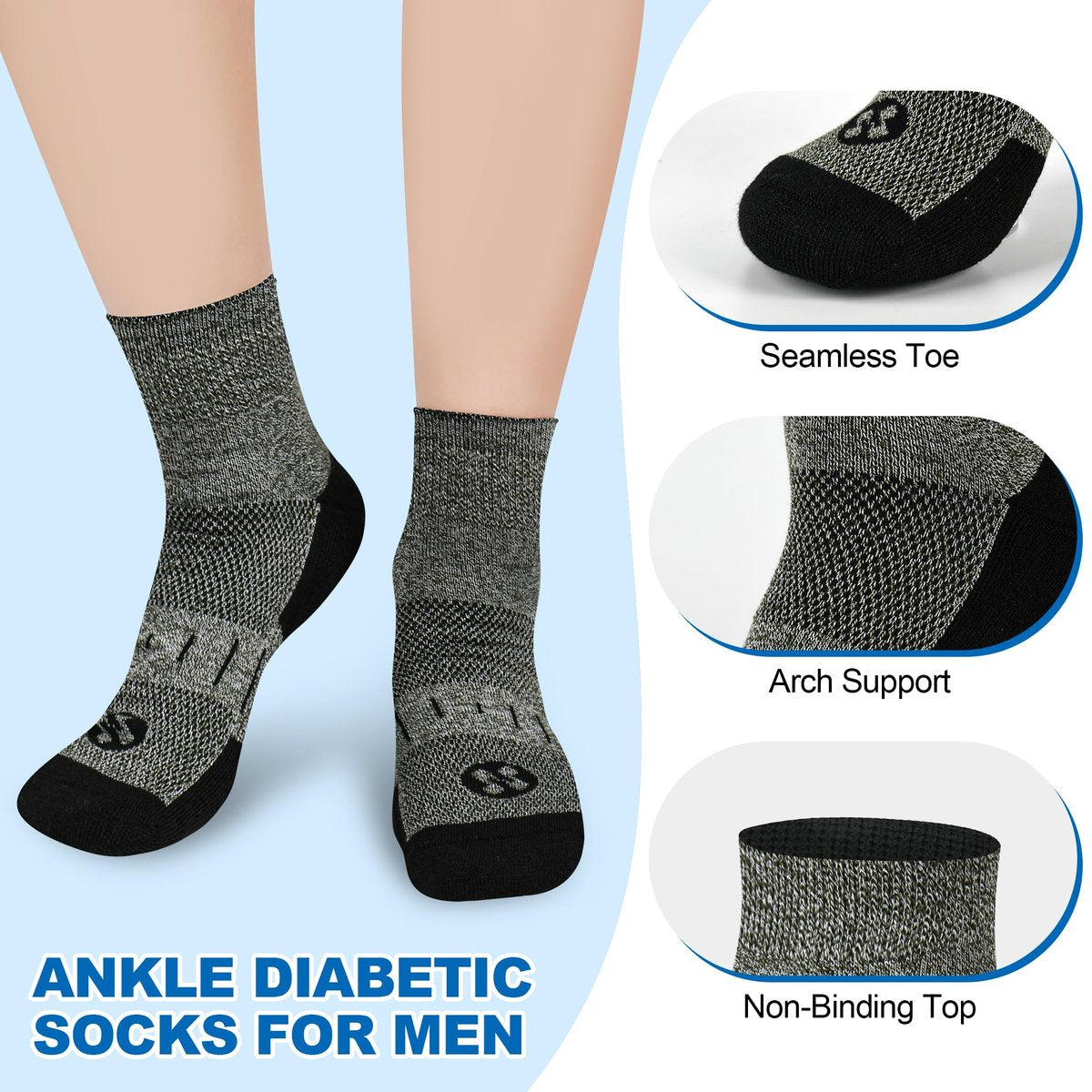 NOLUNT Diabetikersocken für Herren, 4 Paar, nicht einschnürend, Knöchelsocken, Größe 9-12/10-13 (Weiß+Grau+Gelblich-Cyan+Schwarz, groß)