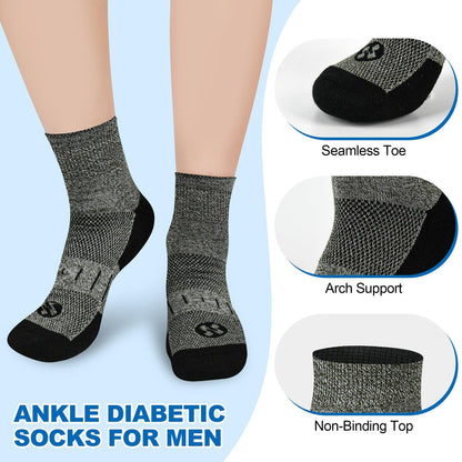 NOLUNT Diabetikersocken für Herren, 4 Paar, nicht einschnürend, Knöchelsocken, Größe 9-12/10-13 (Weiß+Grau+Gelblich-Cyan+Schwarz, groß)
