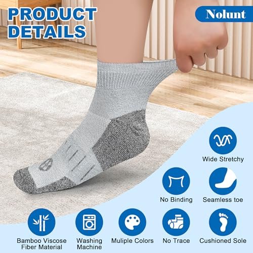 NOLUNT Diabetikersocken für Herren, 4 Paar, nicht einschnürend, Knöchelsocken, Größe 9-12/10-13 (Weiß+Grau+Gelblich-Cyan+Schwarz, groß)