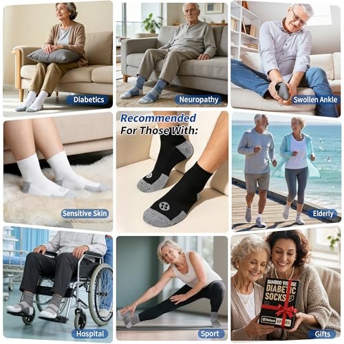 Nonlut Diabetik Socken für Herren, 6 Paar Knöchel Socken bei Neuropathie, Herren 9-12 10-13 (Schwarz, Large)