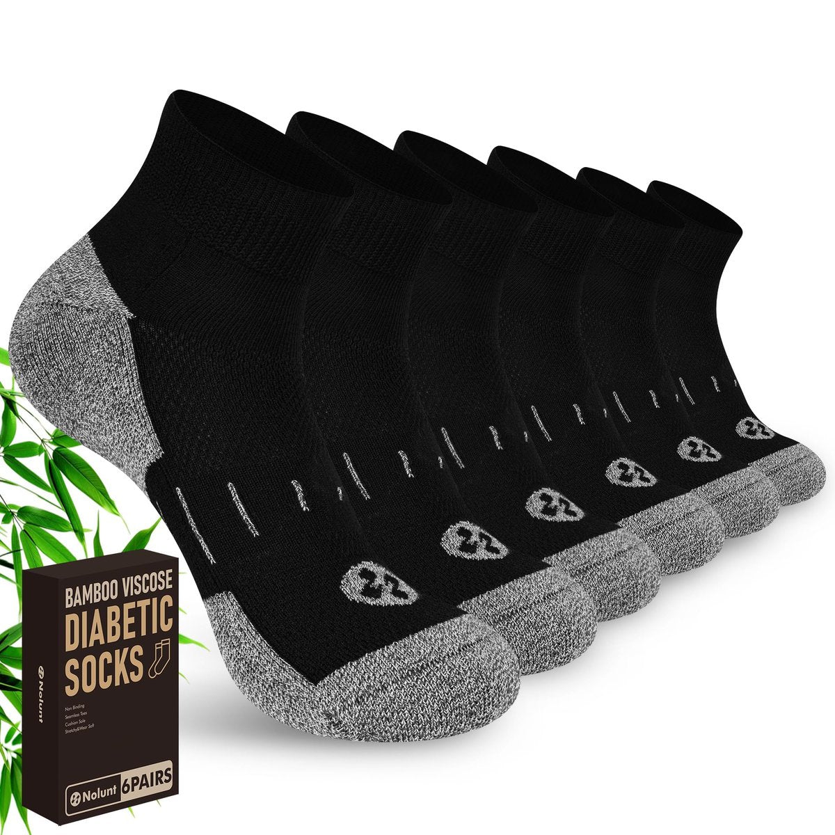 Nonlut Diabetikersocken für Herren, 6 Paar Knöchel-Diabetik-Socken für Männer, Herren 9-12 10-13 (Schwarz, Large)