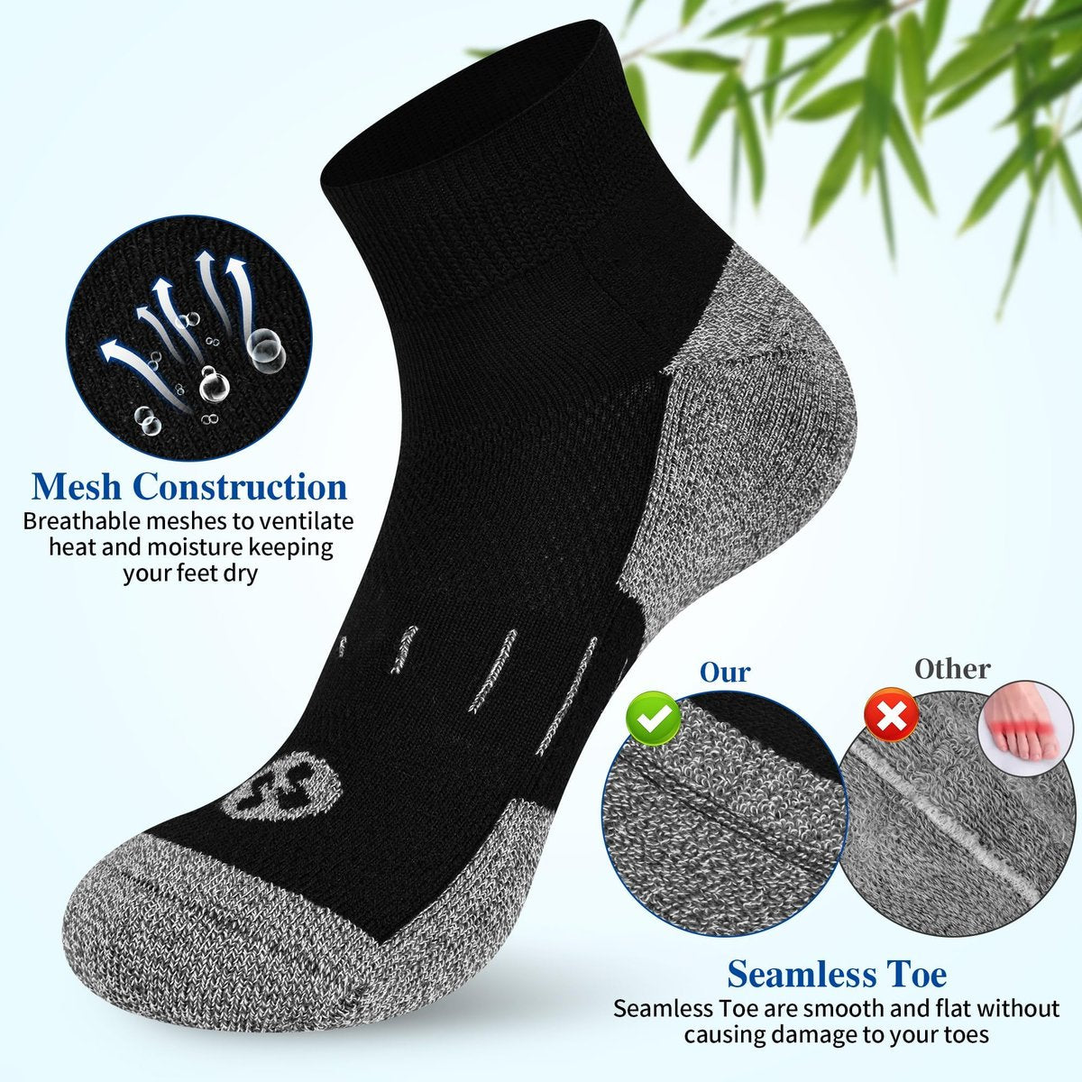Nonlut Diabetikersocken für Herren, 6 Paar Knöchel-Diabetik-Socken für Männer, Herren 9-12 10-13 (Schwarz, Large)