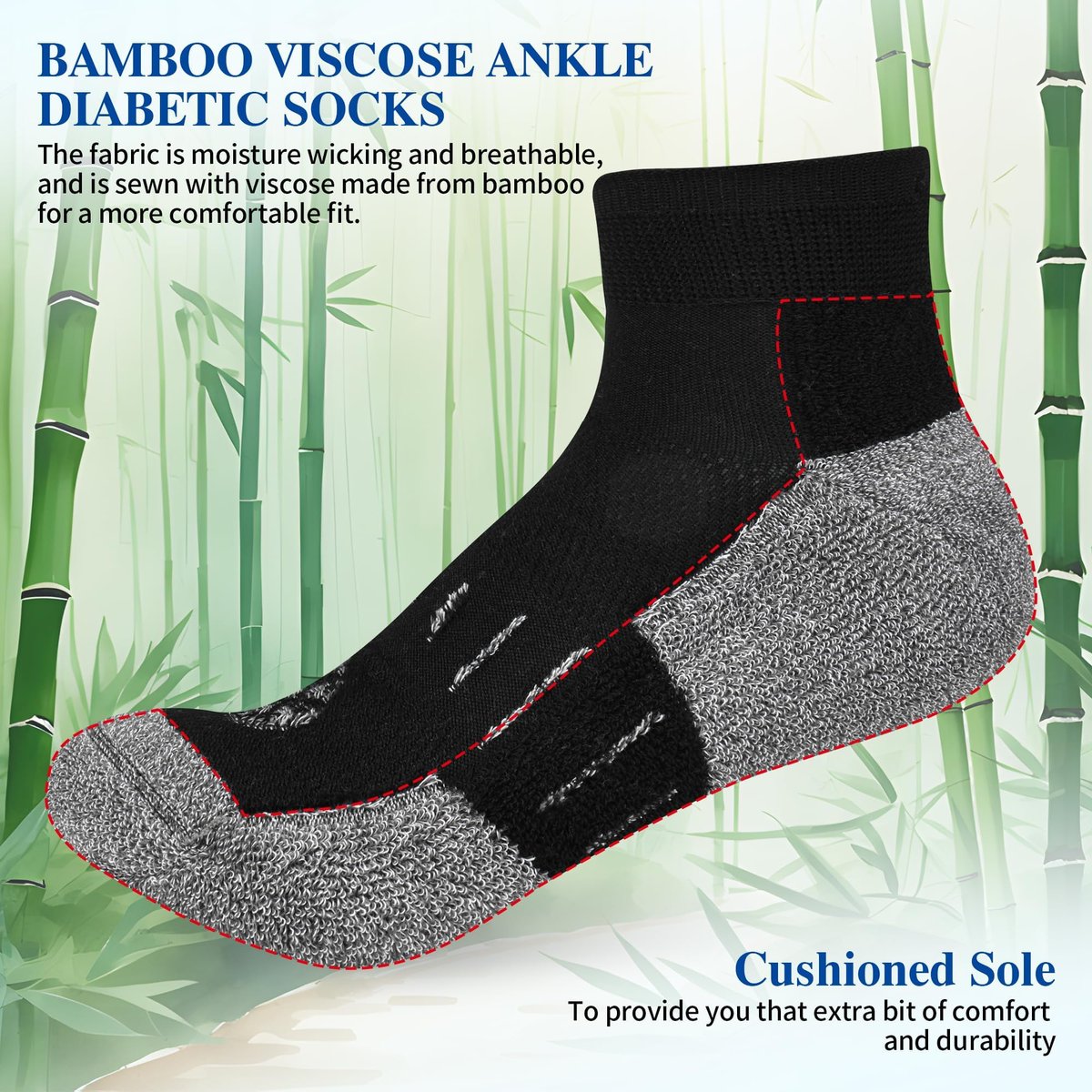 Nonlut Diabetikersocken für Herren, 6 Paar Knöchel-Diabetik-Socken für Männer, Herren 9-12 10-13 (Schwarz, Large)