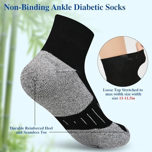 Nonlut Diabetikersocken für Herren, 6 Paar Knöchel-Diabetik-Socken für Männer, Herren 9-12 10-13 (Schwarz, Large)