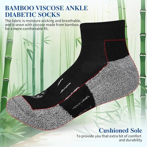 Nonlut Diabetikersocken für Herren, 6 Paar Knöchel-Diabetik-Socken für Männer, Herren 9-12 10-13 (Schwarz, Large)