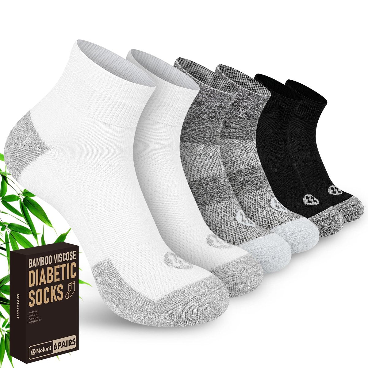 Nonlut Diabetikersocken für Männer, 6 Paar Knöchel-Diabetiker-Neuropathie-Socken für Männer, Herren 9-12 10-13 (Schwarz+Weiß+Dunkelgrau - Groß)