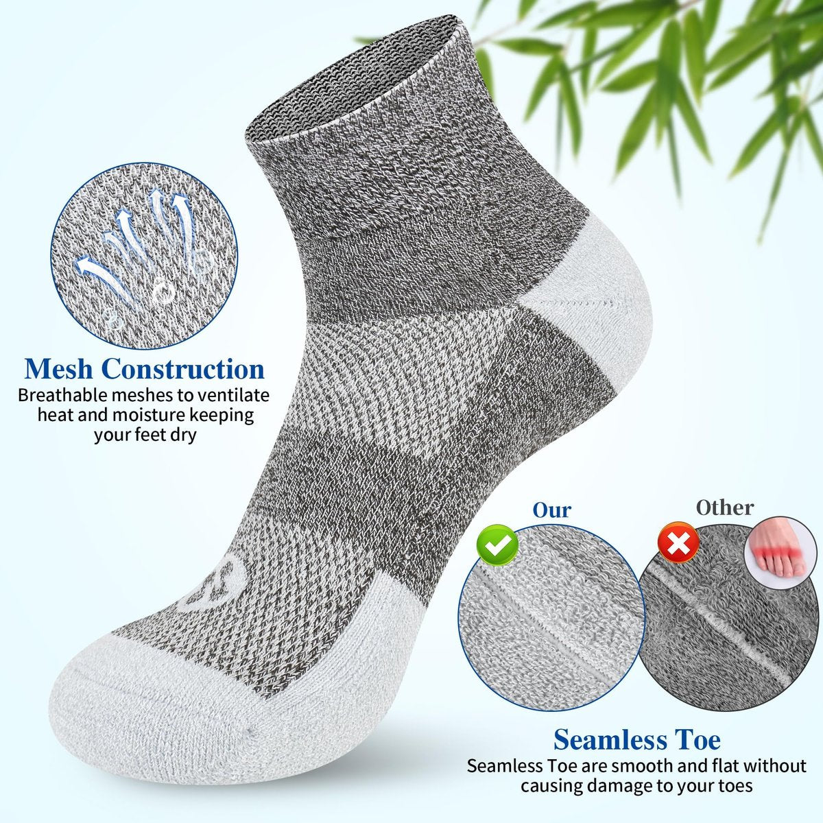 Nonlut Diabetikersocken für Männer, 6 Paar Knöchel-Diabetiker-Neuropathie-Socken für Männer, Herren 9-12 10-13 (Schwarz+Weiß+Dunkelgrau - Groß)