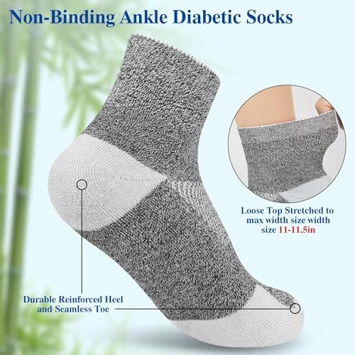 Nonlut Diabetikersocken für Männer, 6 Paar Knöchel-Diabetiker-Neuropathie-Socken für Männer, Herren 9-12 10-13 (Schwarz+Weiß+Dunkelgrau - Groß)