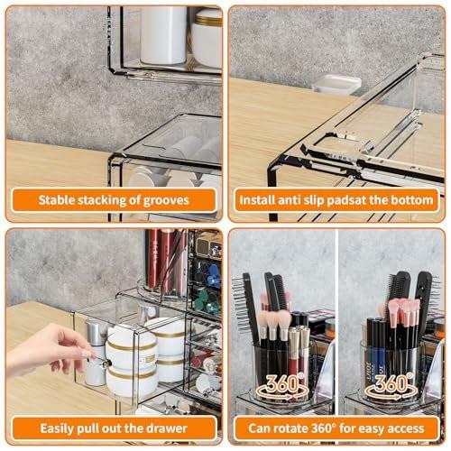 SuoXing 3er Pack Klarer Acryl Make-up Organizer für die Schminkkommode mit 9 Schubladen, Hautpflege-Organizer für die Arbeitsplatte mit Make-up-Pinselhalter, Aufbewahrung für Badezimmer-Make-up-Schubladen für Beauty- und Haar-Accessoires