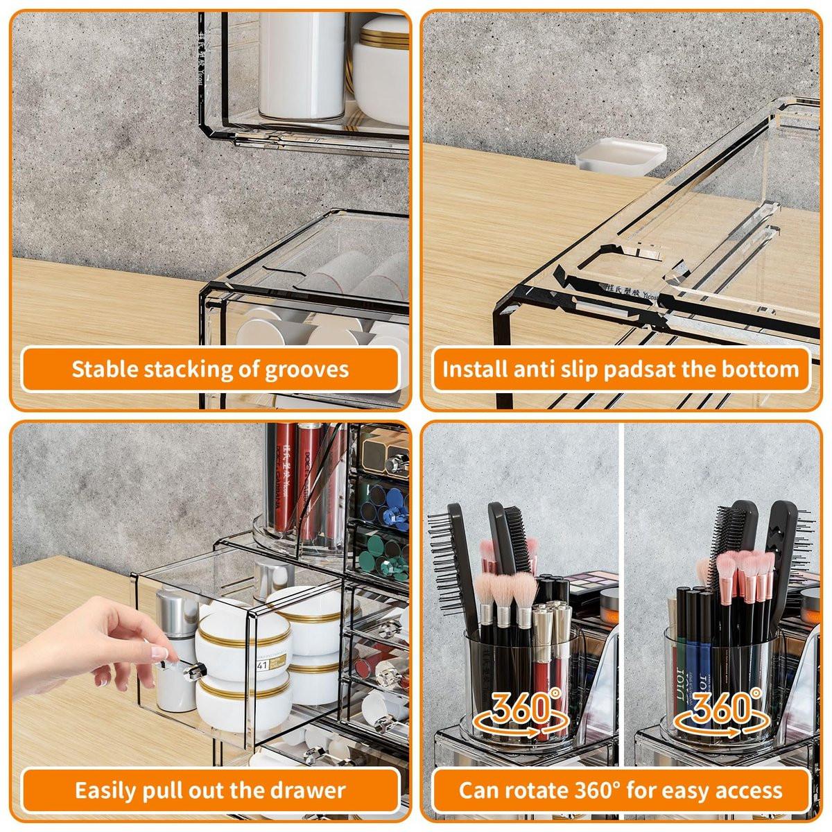 SuoXing 3er Pack Klarer Acryl Make-up Organizer für die Schminkkommode mit 9 Schubladen, Hautpflege-Organizer für die Arbeitsplatte mit Make-up-Pinselhalter, Aufbewahrung für Badezimmer-Make-up-Schubladen für Beauty- und Haar-Accessoires