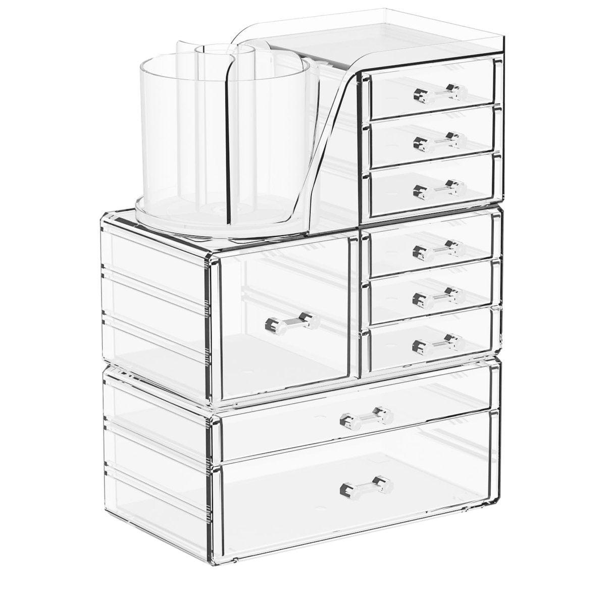 SuoXing 3er Pack Klarer Acryl Make-up Organizer für die Schminkkommode mit 9 Schubladen, Hautpflege-Organizer für die Arbeitsplatte mit Make-up-Pinselhalter, Aufbewahrung für Badezimmer-Make-up-Schubladen für Beauty- und Haar-Accessoires